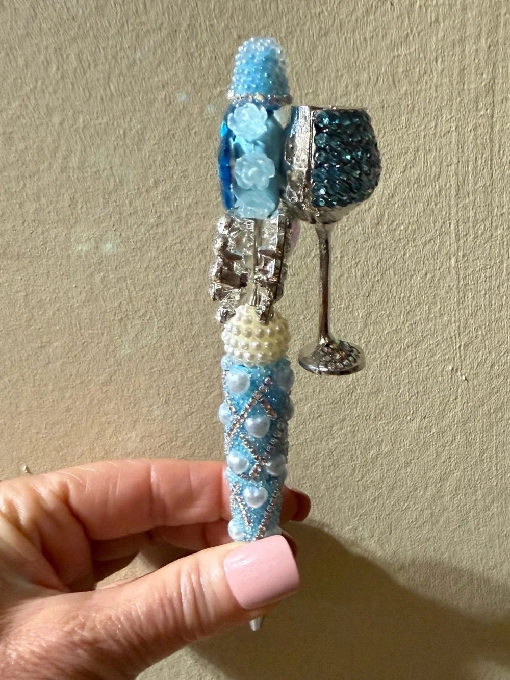 Decorative Blue Crystal and Pearl Ballpoint Pen - Home Office Accent